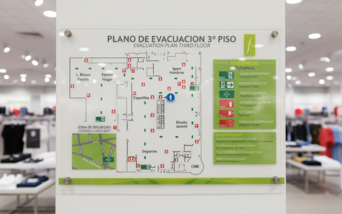 Señalética de evacuación instalada en Falabella